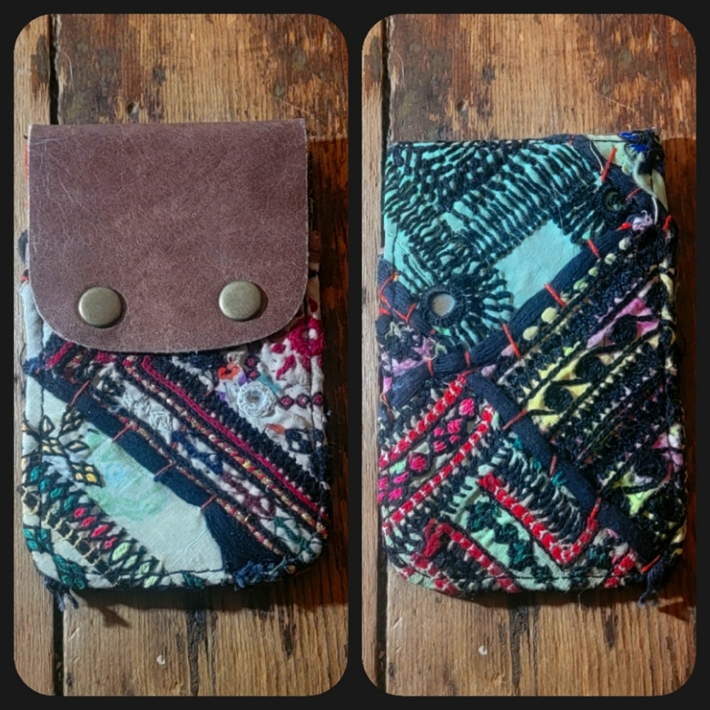 🧠🍳 Free People Boho Embroidered Repurposed vtg banjara hippie Wallet card case